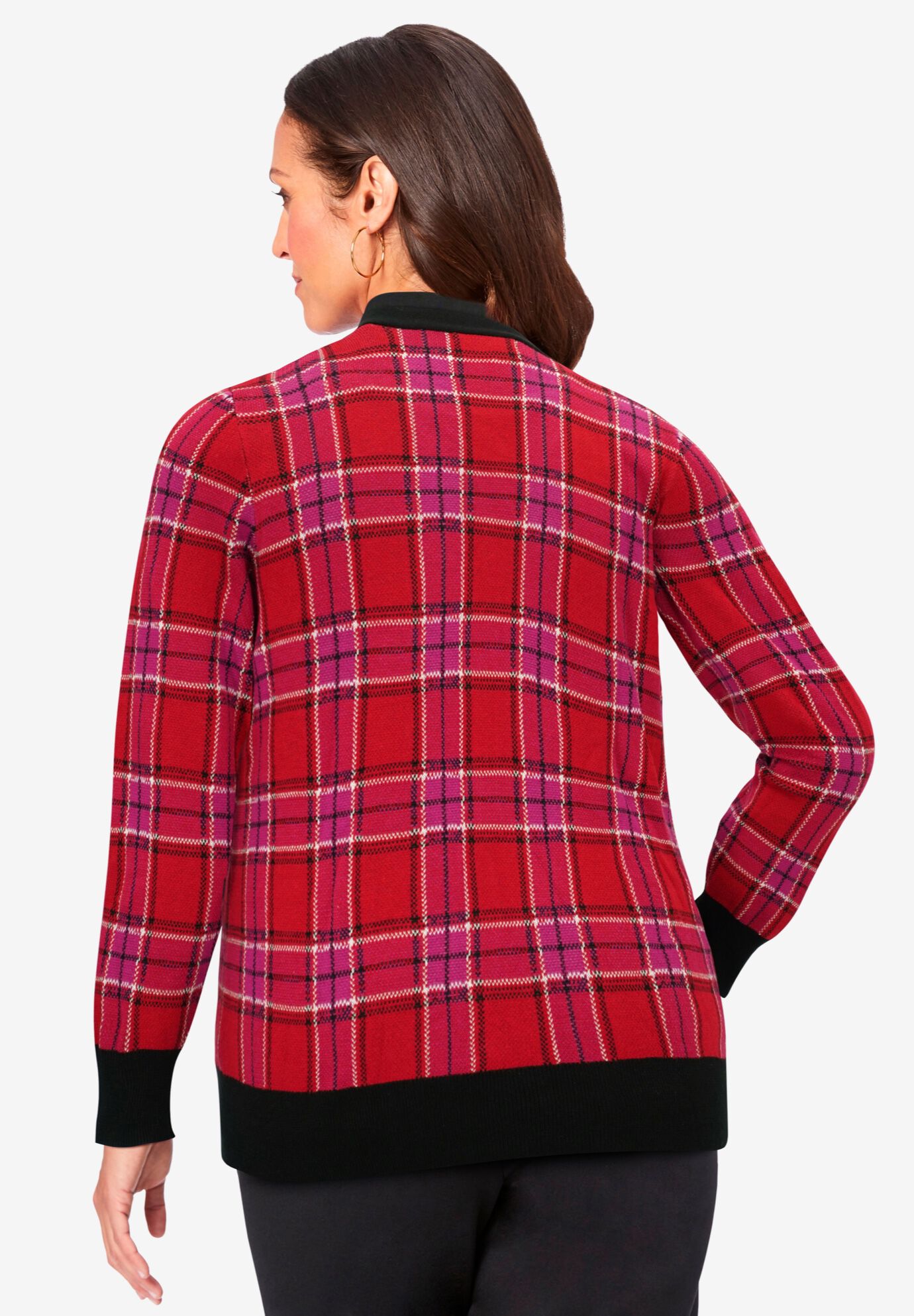 V-Neck Cardigan Sweater, RED AND BLACK SMALL HOUNDSTOOTH, on-hover image number 1