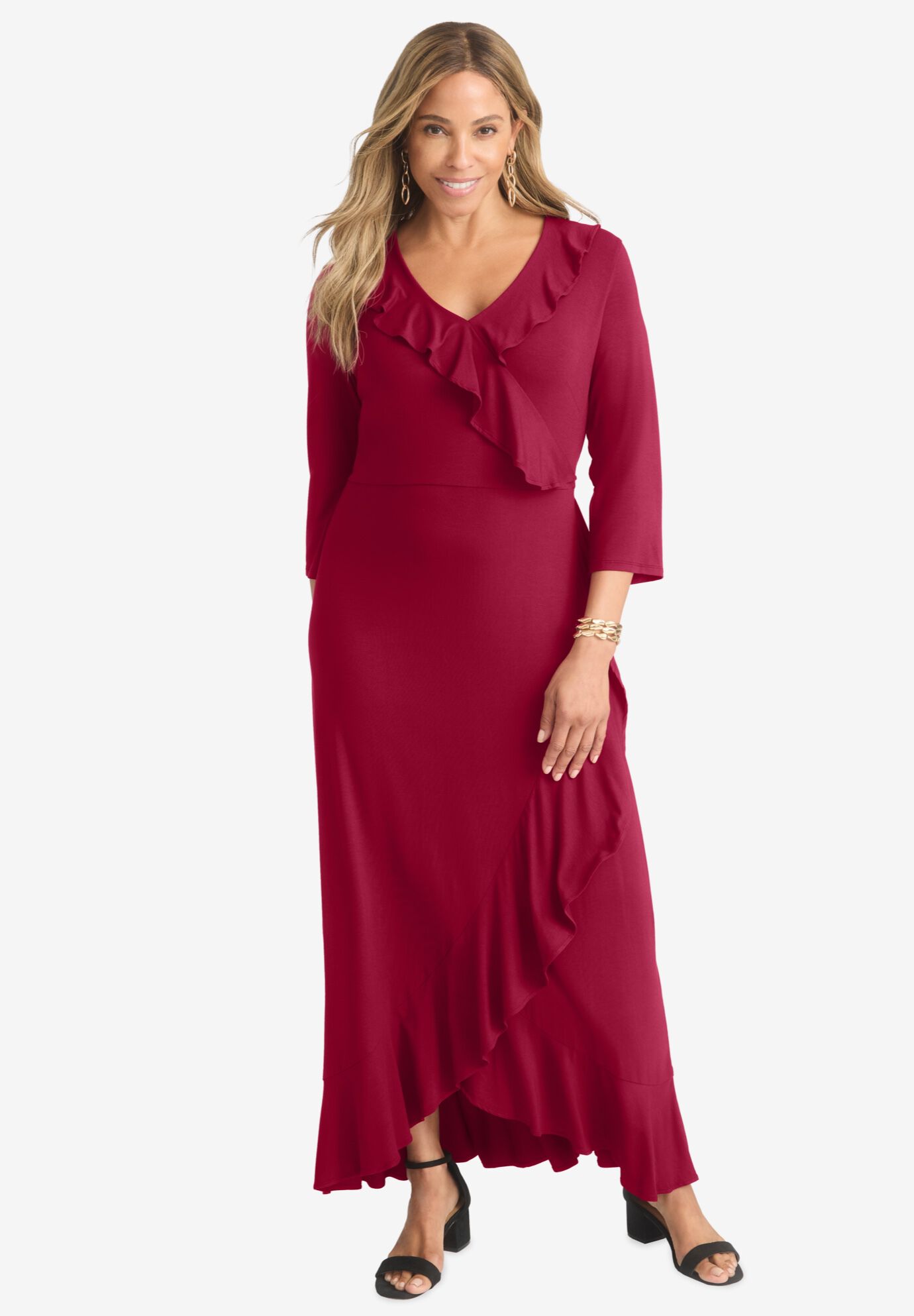 Ruffle Wrap Maxi Dress, RICH BURGUNDY, hi-res image number 0