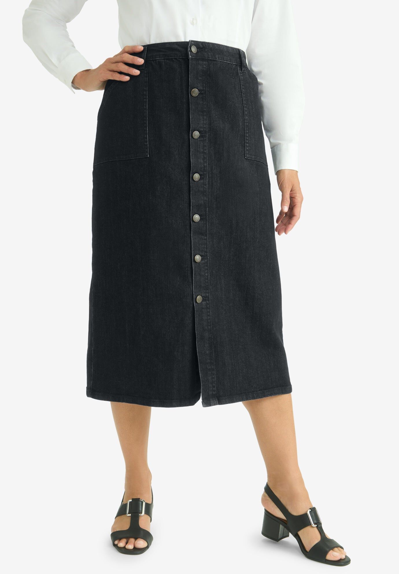 True Fit Button-Front Midi Skirt, BLACK, hi-res image number 0