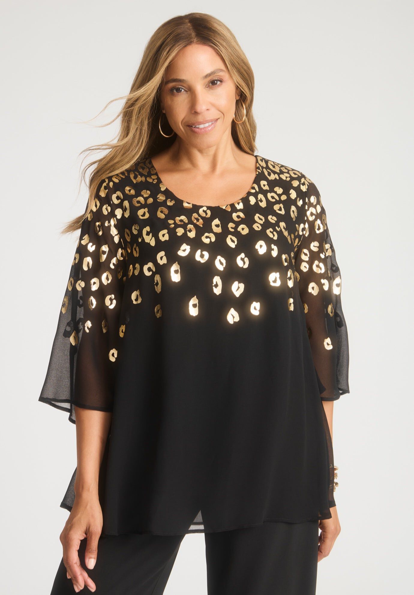 Georgette Flutter Top, BLACK ANIMAL, hi-res image number 0