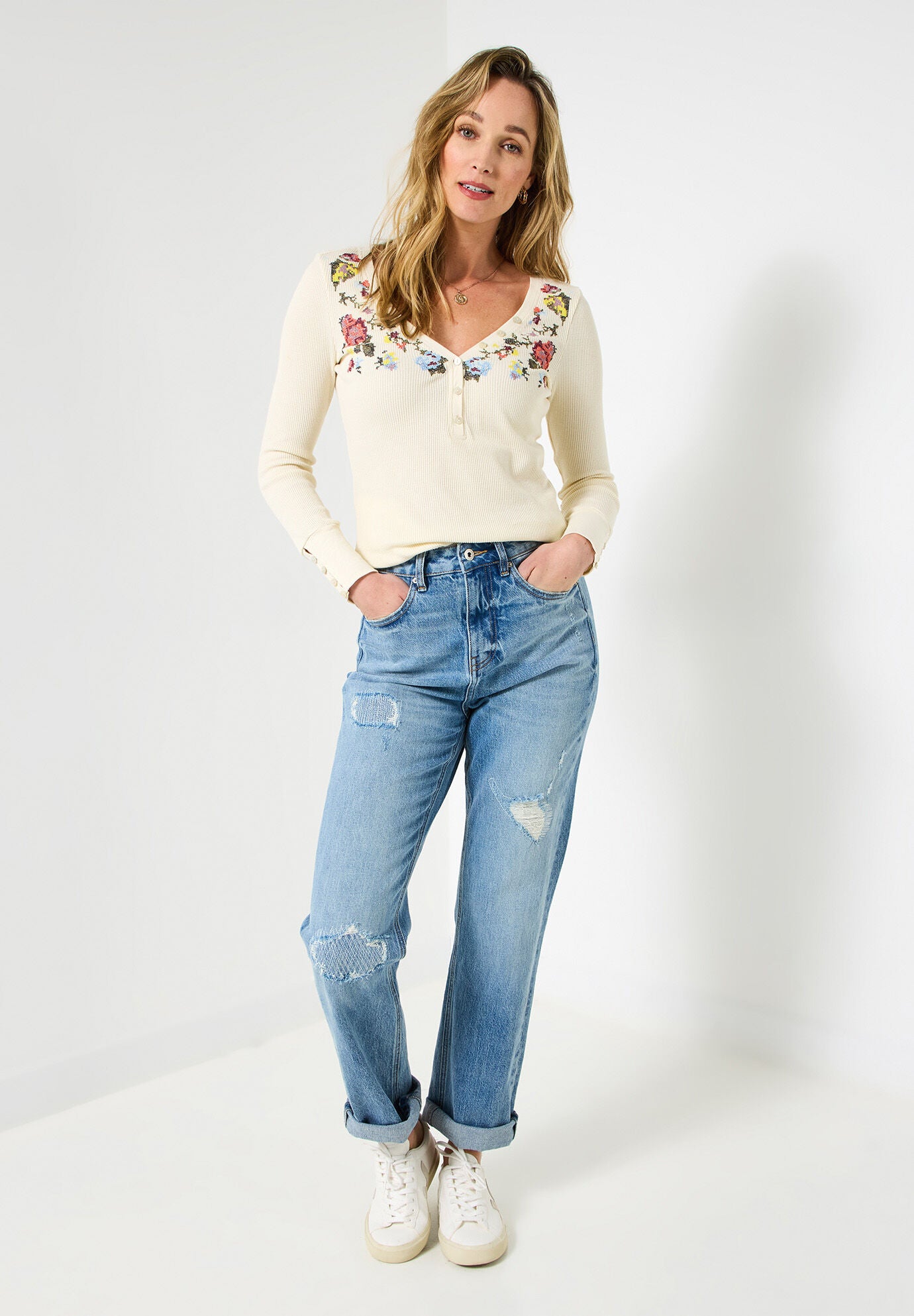 Stretch Cotton Henley Tee, CREAM FLORAL EMBROIDERY, alternate image number 5
