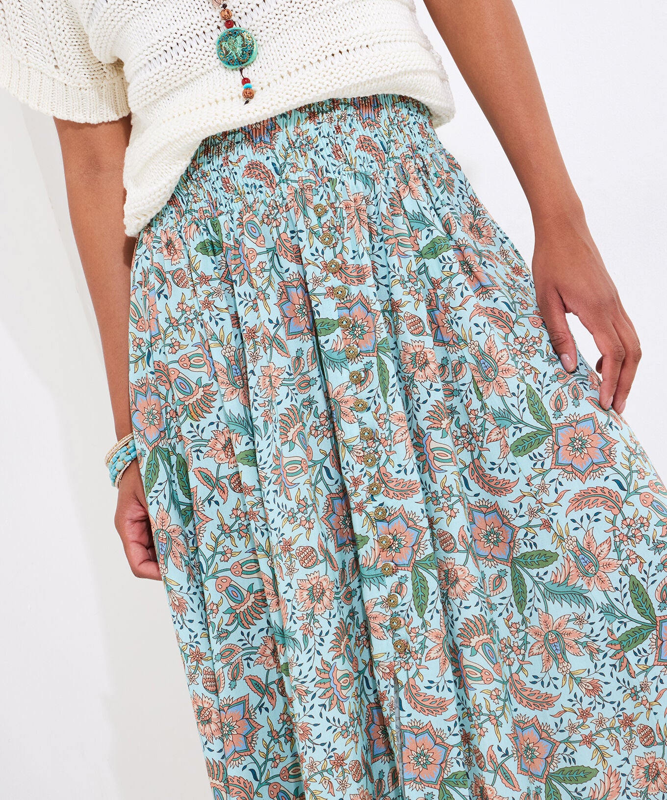 Slit Smocked Maxi Skirt, AQUA DITSY FLORAL, alternate image number 3