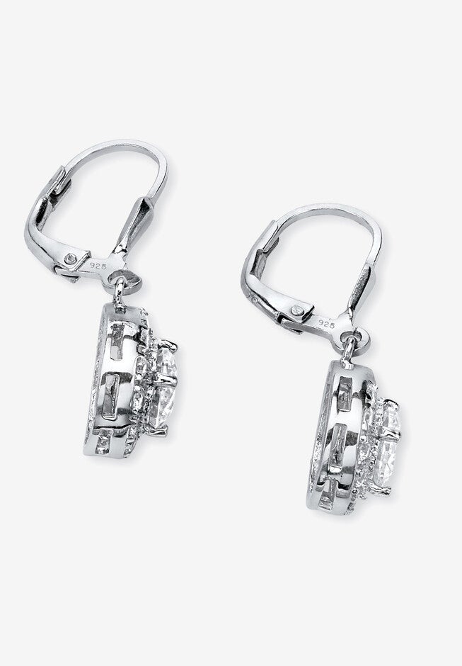 Sterling Silver Halo Drop Earrings Cubic Zirconia (2 1/3 cttw TDW), , on-hover image number 1