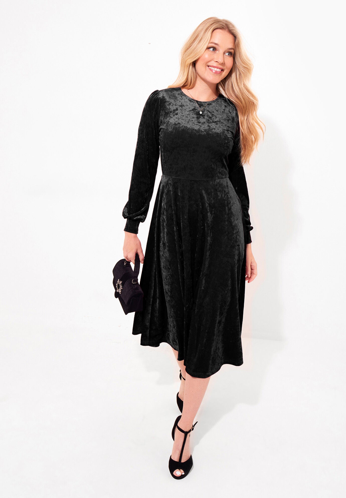 Crushed Velvet Midi Dress, BLACK, alternate image number 4