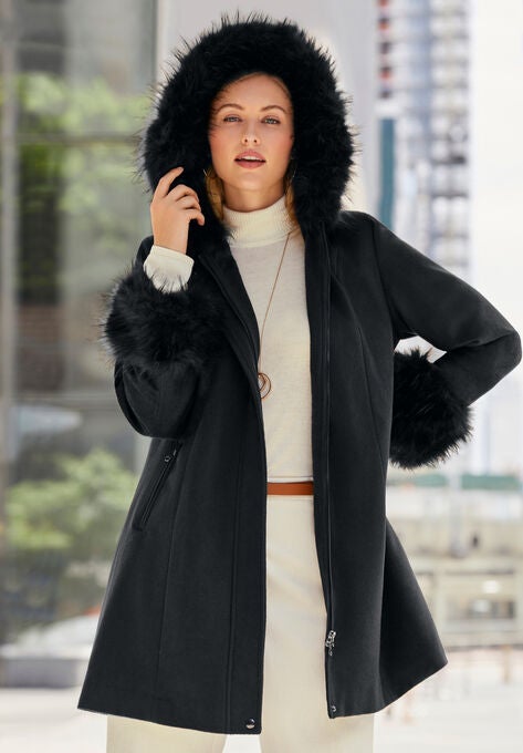 Hooded Faux Fur Trim Coat Onestopplus Hooded Faux Fur Trim Coat Onestopplus, Faux Fur Coat Hood Trim