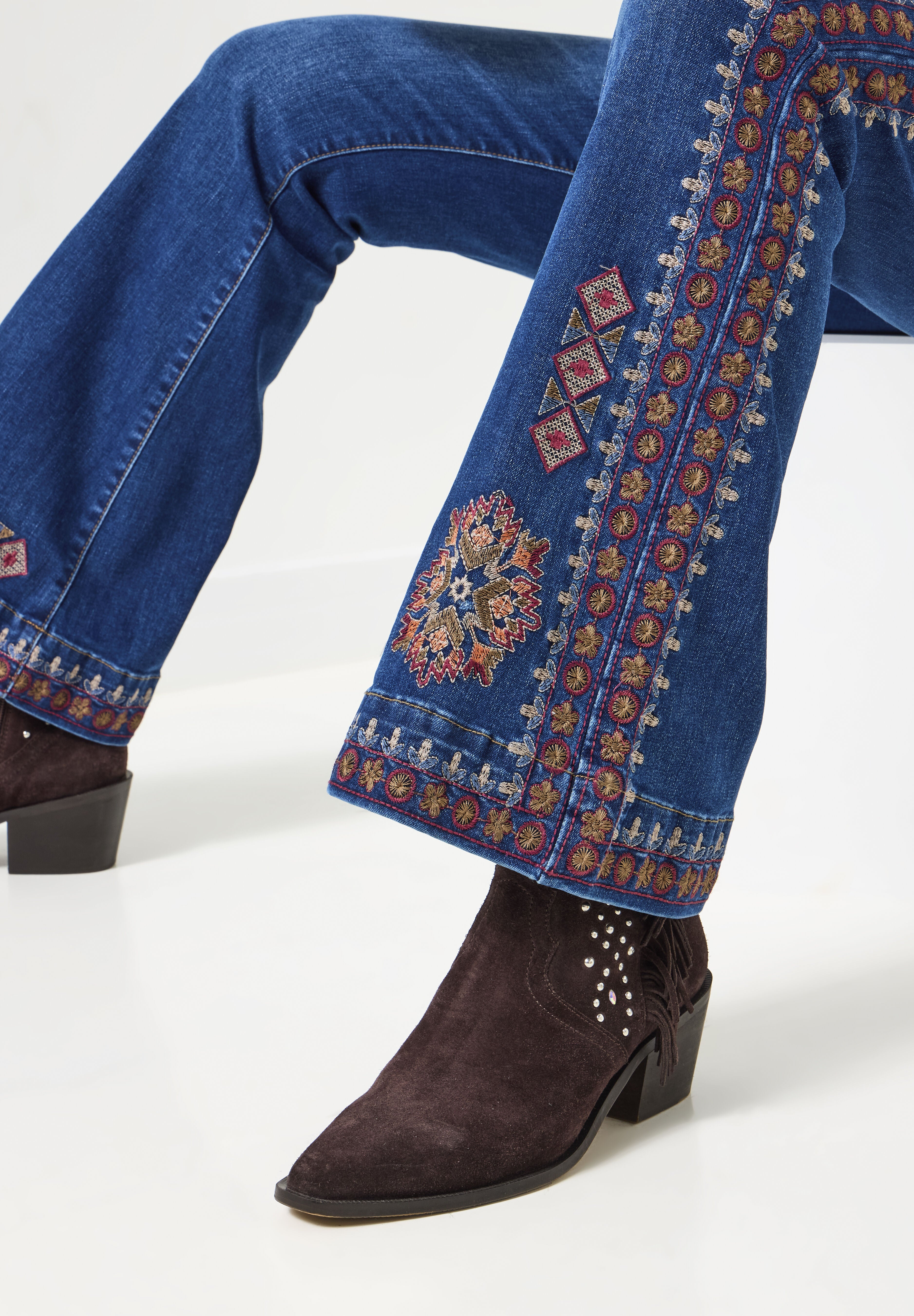 Groovy Embroidered Bootcut Jeans, DARK BLUE AZTEC, on-hover image number 1
