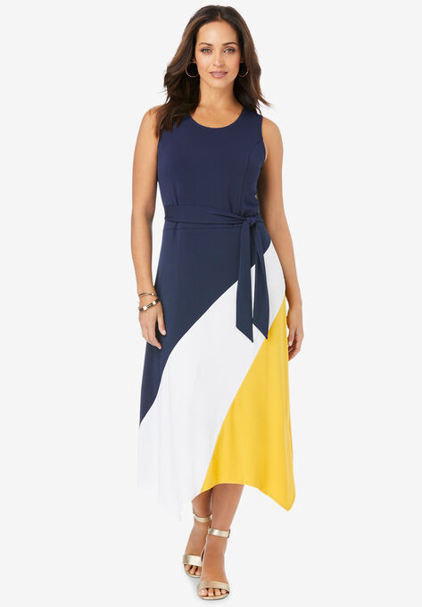 Asymmetric Side-Tie Midi Dress, NAVY YELLOW COLORBLOCK, hi-res image number null