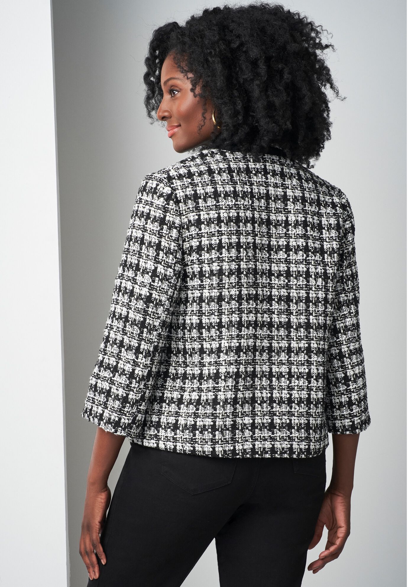 Tweed V-Neck Jacket, BLACK WHITE TWEED, on-hover image number 1