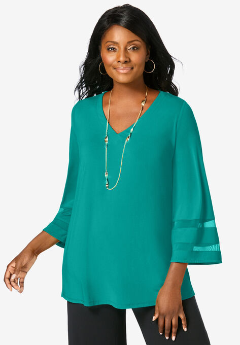 Mesh Inset Sleeve Tunic, WATERFALL, hi-res image number null