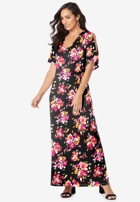 Cold Shoulder Maxi Dress, BLACK PAINTED BLOOM, hi-res image number null
