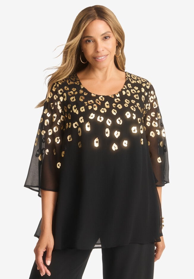 Georgette Flutter Top, BLACK ANIMAL, hi-res image number null