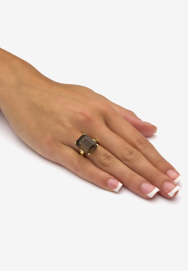 Yellow Gold-Plated Genuine Smoky Quartz Ring and Earring Set, , alternate image number 2