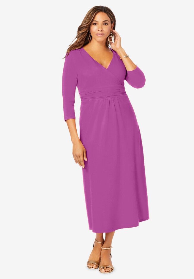 Stretch Knit Surplice Midi Dress, DEEP ORCHID, hi-res image number null