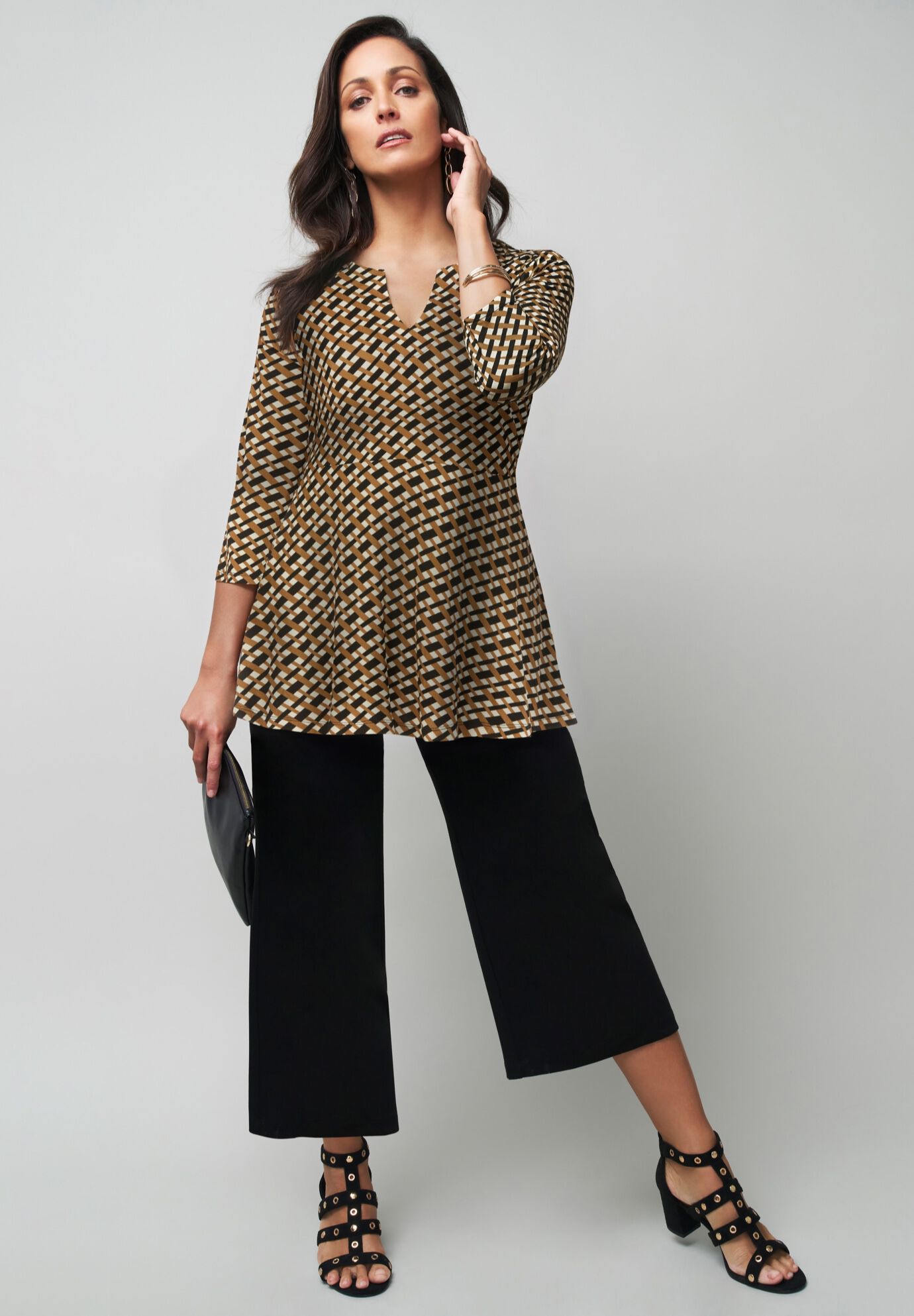 Stretch Knit Henley Notch Babydoll Tunic, NEUTRAL BIAS GEO, hi-res image number 0