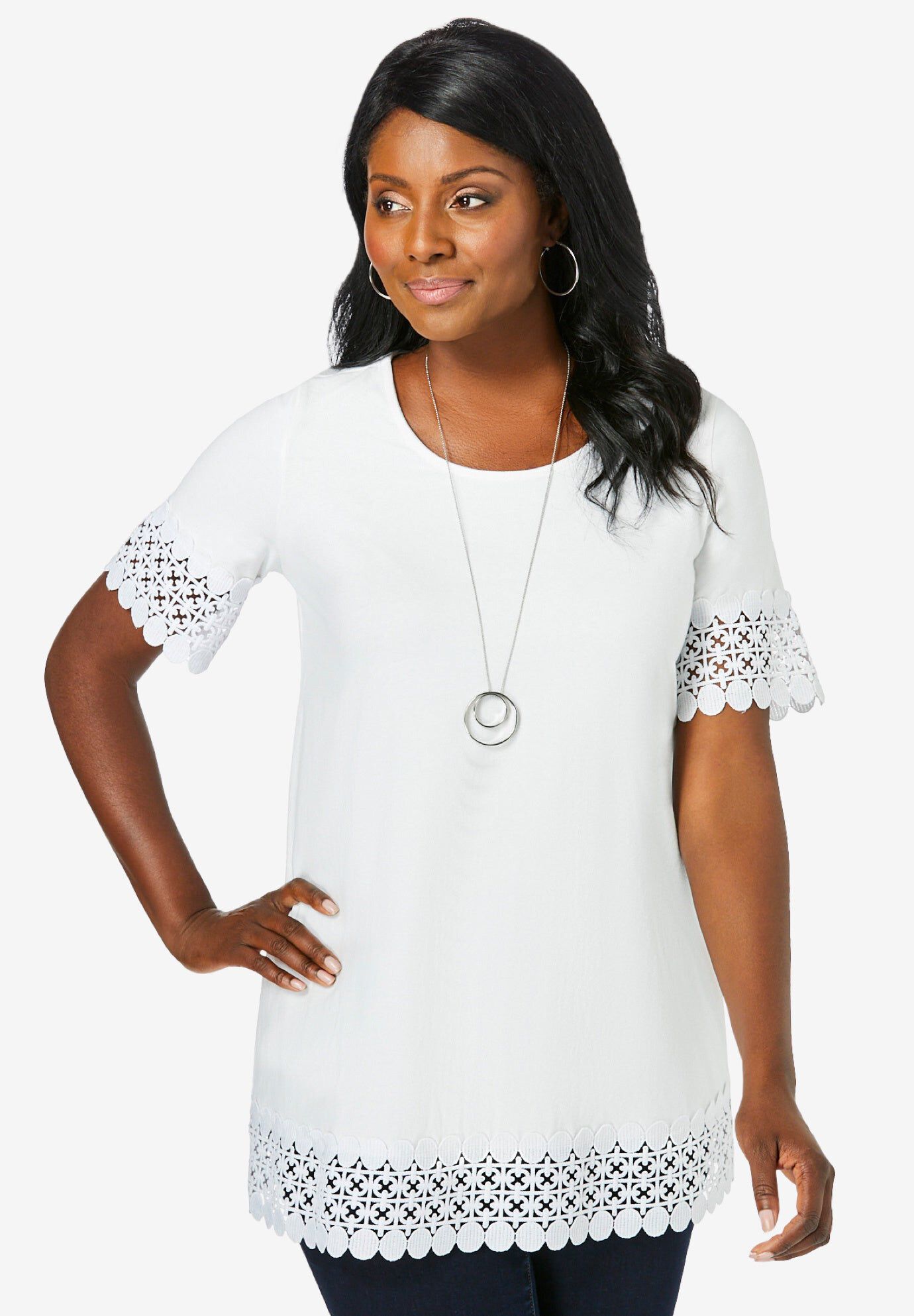 Stretch Cotton Crochet Trim Tunic, WHITE, hi-res image number 0
