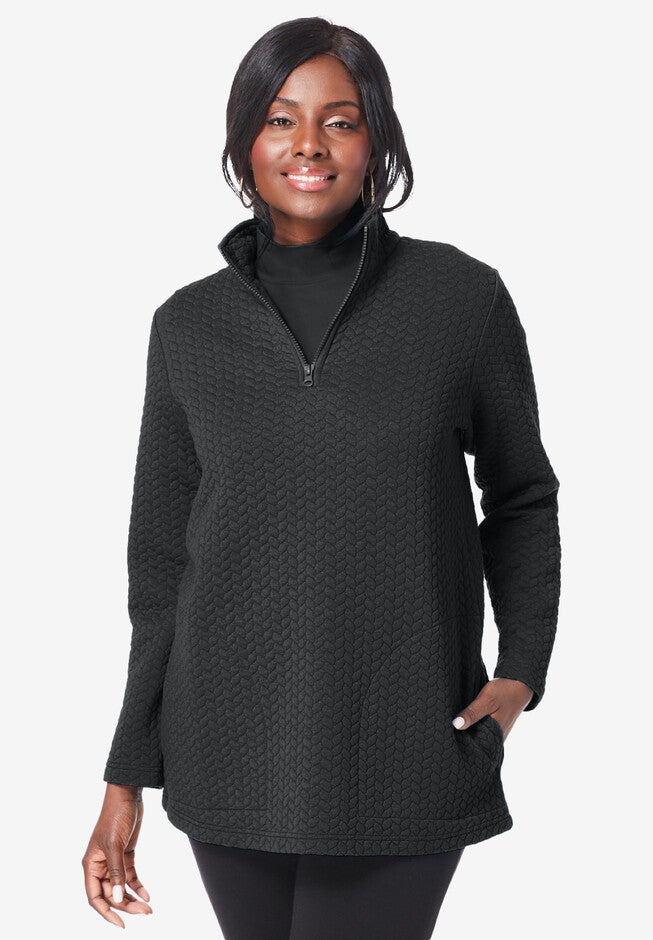 Quilted Zip-Front Pullover, BLACK, hi-res image number null