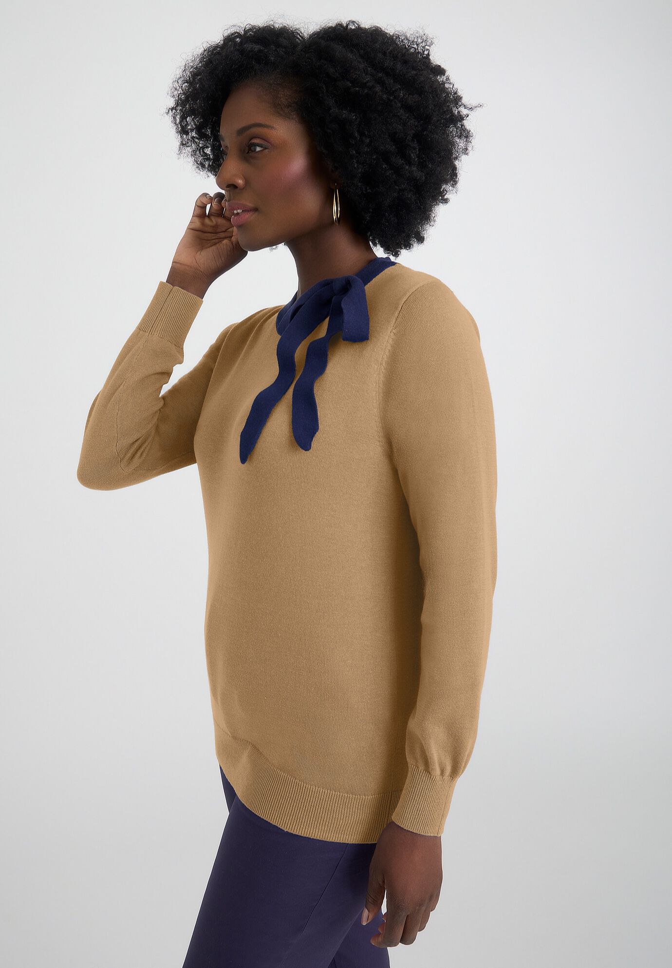 Tie-Neck Sweater, SOFT CAMEL, alternate image number 2