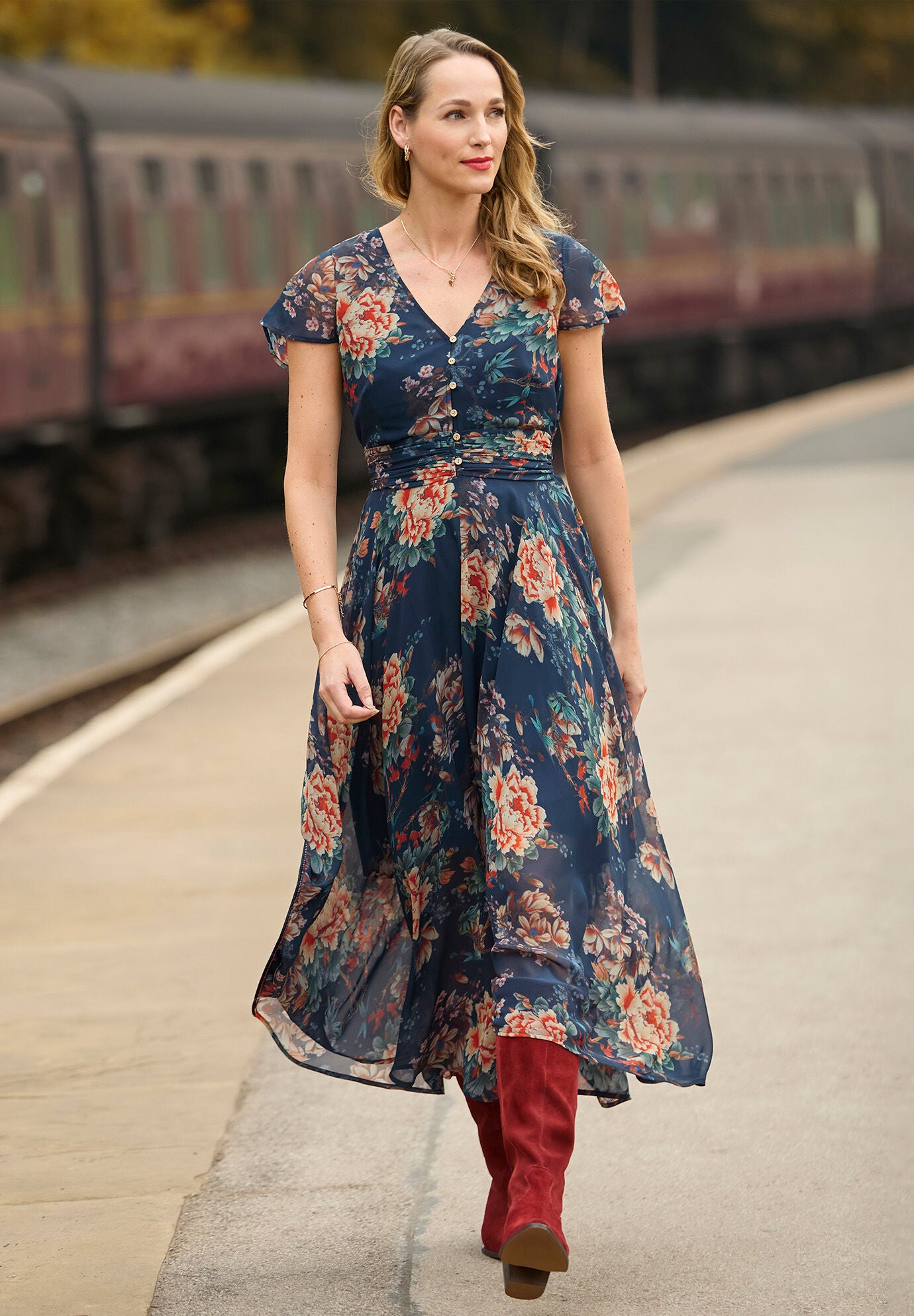 Flutter Sleeve Flyaway Maxi Dress, PRETTY PETALS, hi-res image number 0