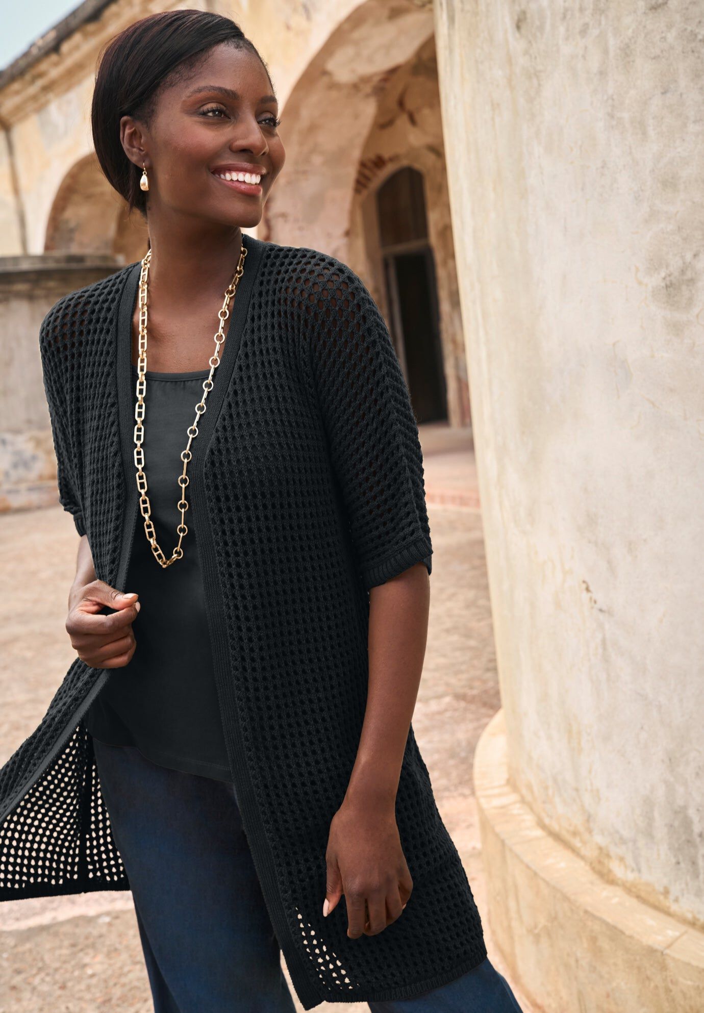 Crochet Long Cardigan, BLACK, hi-res image number 0