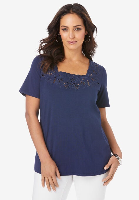 Eyelet Cutout Tee, NAVY, hi-res image number null
