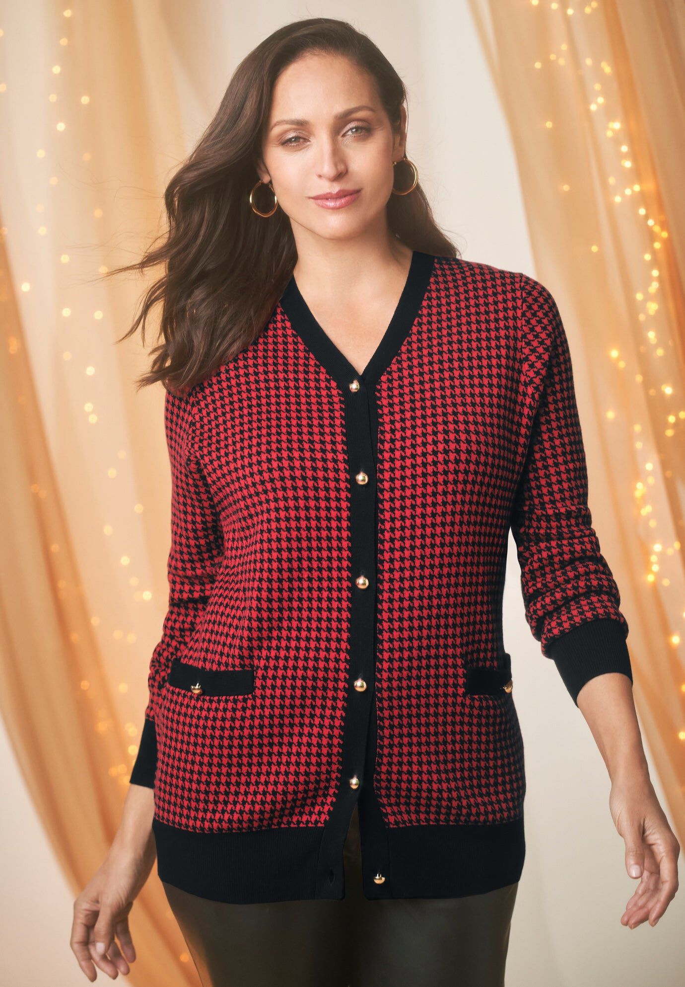 V-Neck Cardigan Sweater, RED AND BLACK SMALL HOUNDSTOOTH, hi-res image number 0