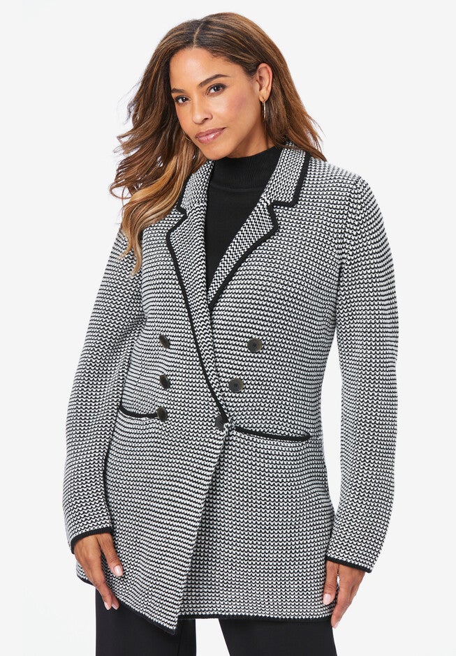 Double-Breasted Sweater Blazer, BLACK IVORY, hi-res image number 0