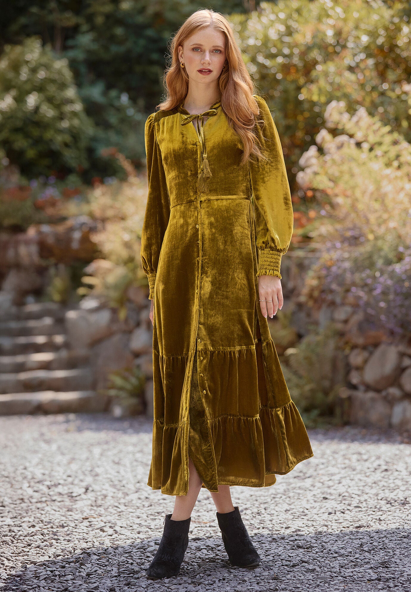 Tiered Velvet Tie Neck Dress