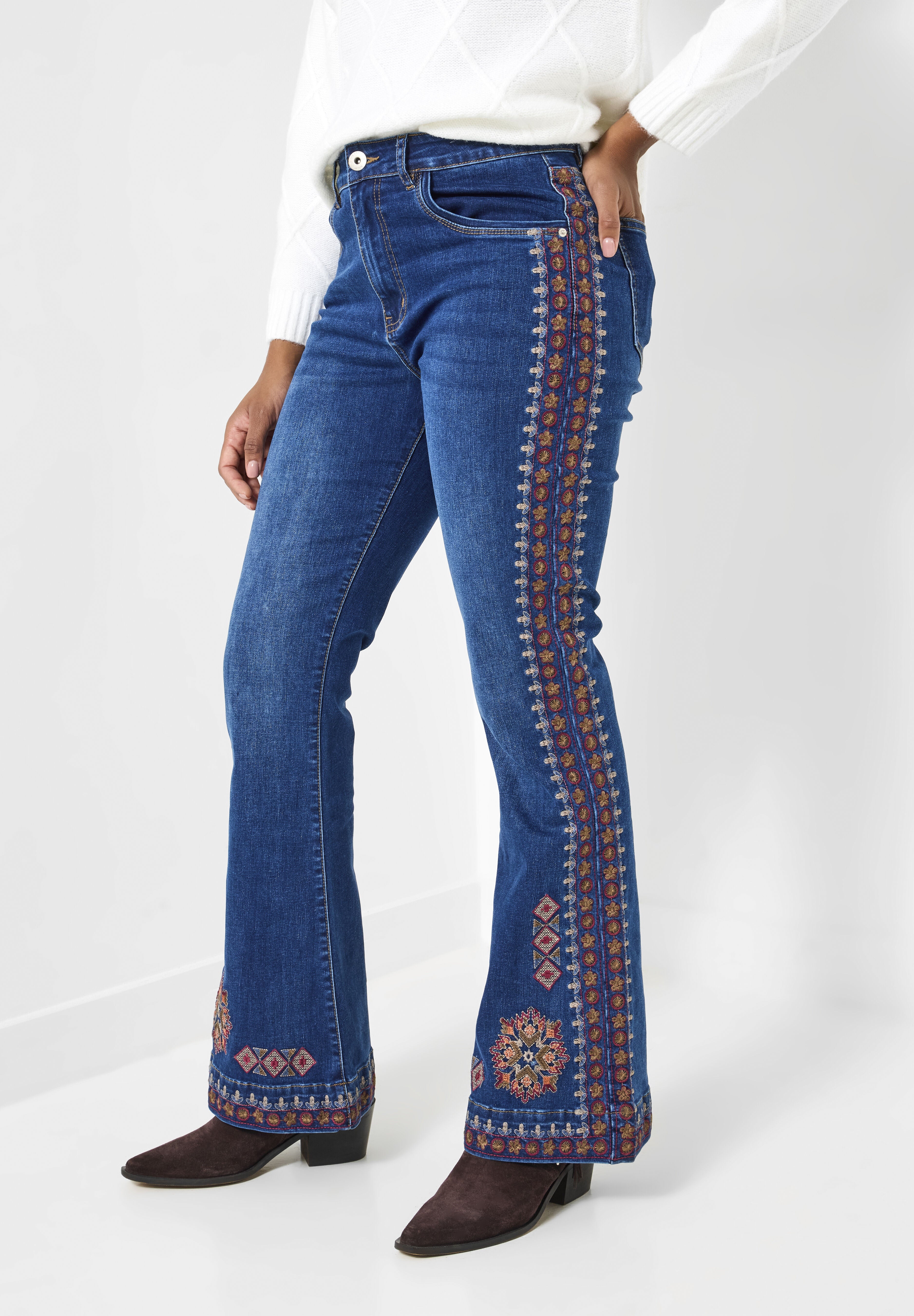 Groovy Embroidered Bootcut Jeans, DARK BLUE AZTEC, hi-res image number 0
