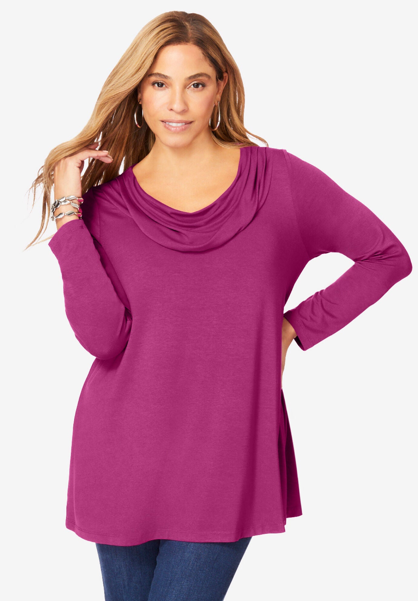 Cowl Neck Swing Tunic, RASPBERRY, hi-res image number 0