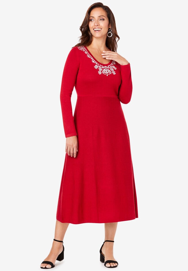 Embellished Sweater Dress, CLASSIC RED JEWEL FLORAL, hi-res image number 0