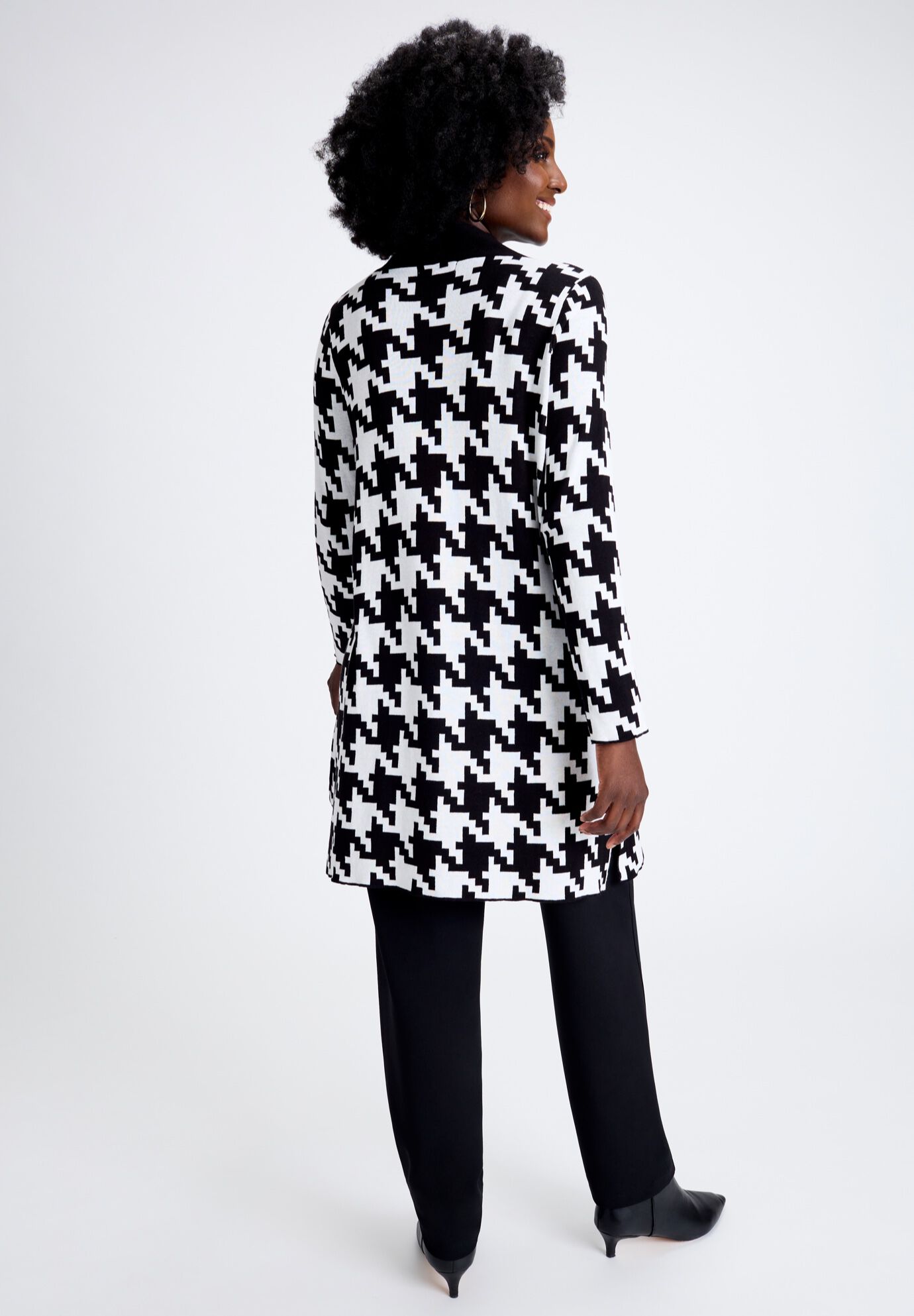 Fine Gauge Cardigan Topper, BLACK WHITE LARGE HOUNDSTOOTH, alternate image number 2