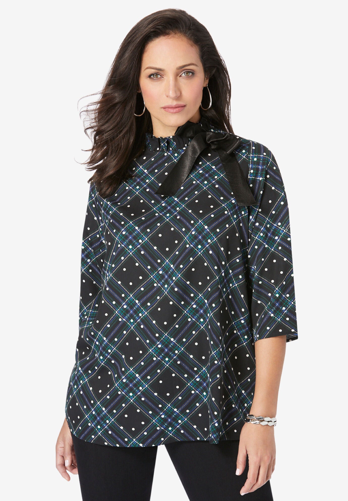 Ruffled Neck Bow Blouse, GREEN DOT PLAID, hi-res image number 0