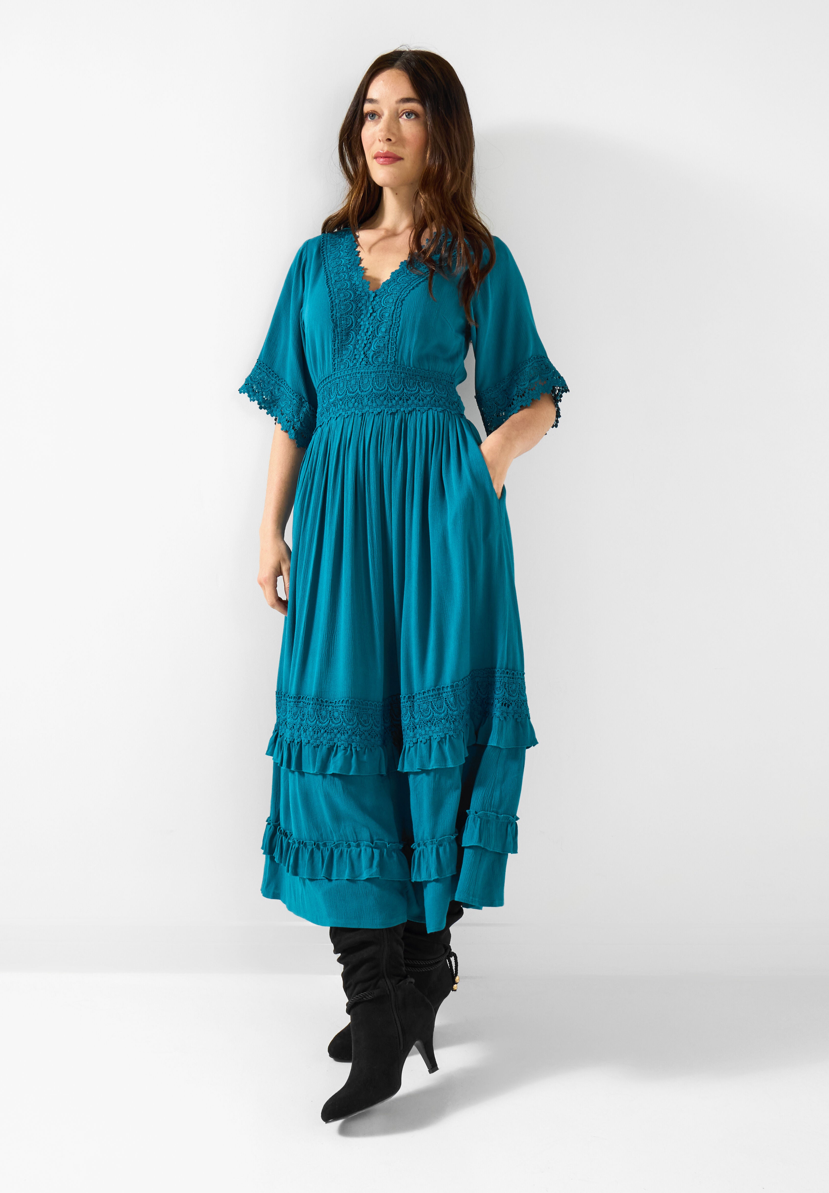 Crochet Trim Boho Midi Dress, TEAL, alternate image number 4