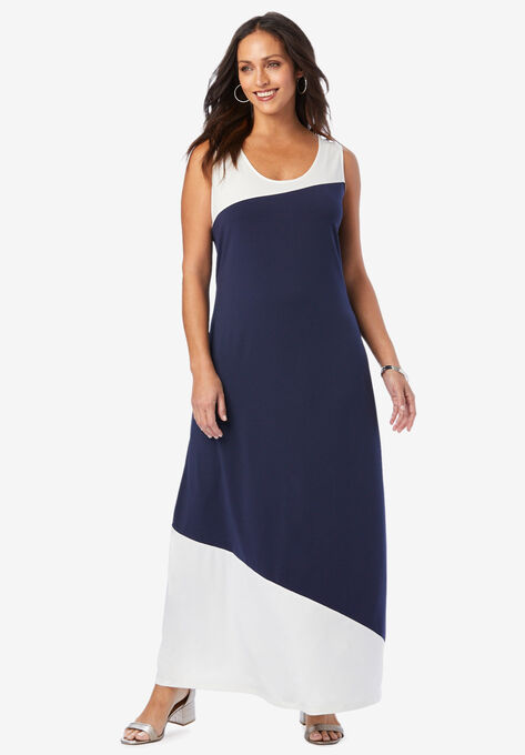 Sleeveless Knit Maxi Dress, NAVY WHITE COLORBLOCK, hi-res image number null