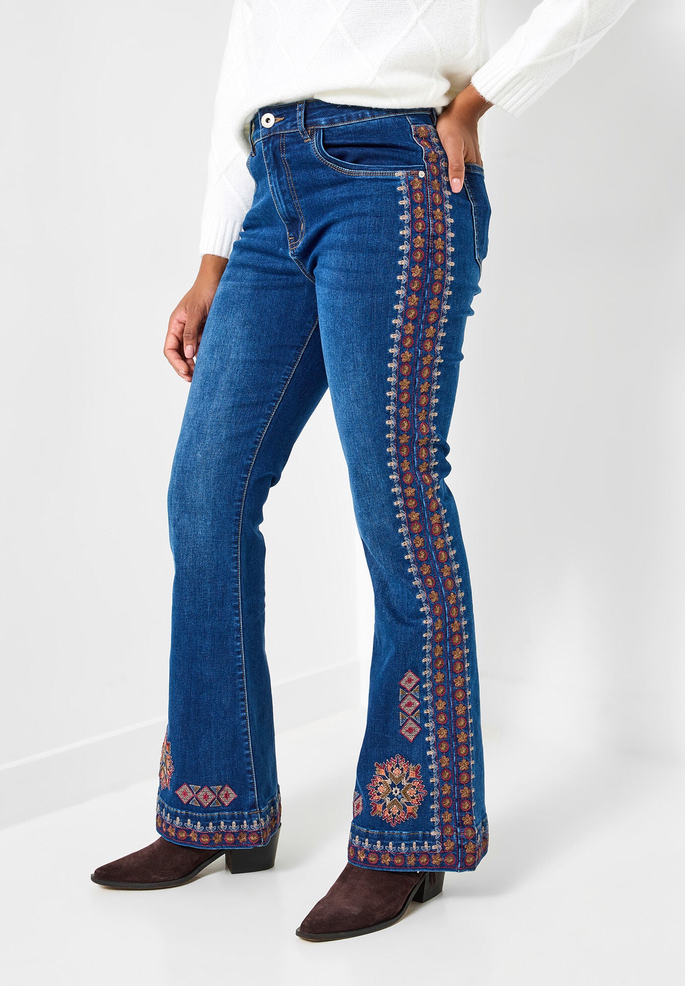 Embroidered Flare Jeans, DARK BLUE AZTEC, hi-res image number 0