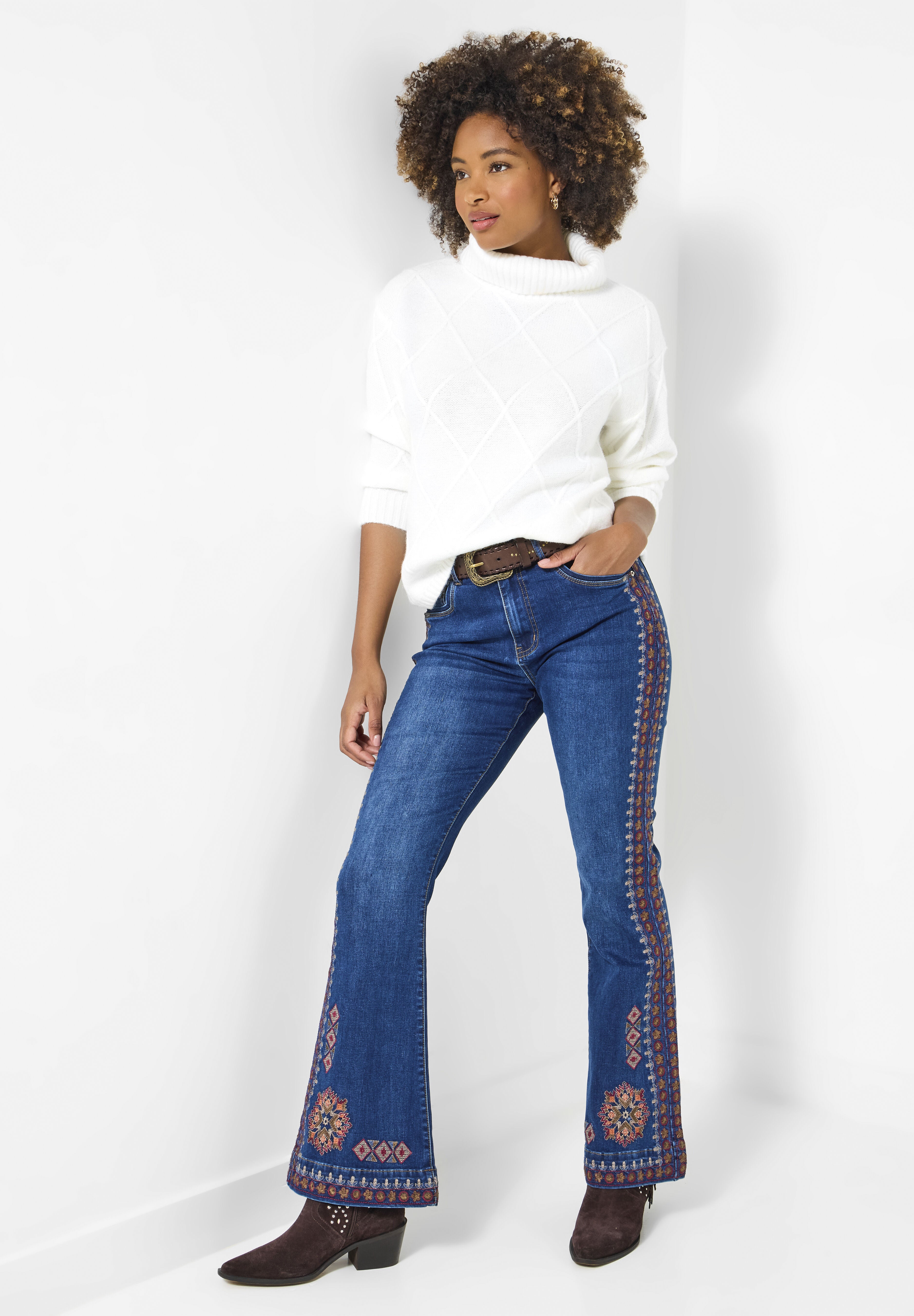 Groovy Embroidered Bootcut Jeans, DARK BLUE AZTEC, alternate image number 5