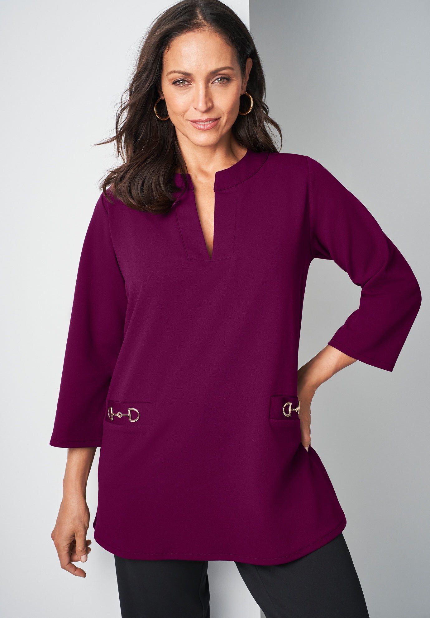 Gold Detail Split Neck Stretch Knit Tunic, DARK BERRY, hi-res image number 0