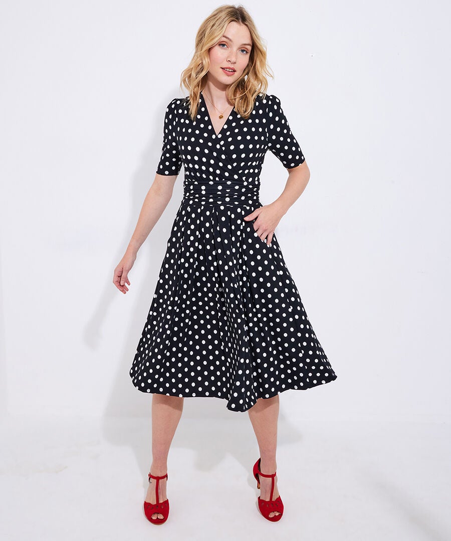 Stretch Knit Wrap Midi Dress, WHITE POLKA DOT, alternate image number 2