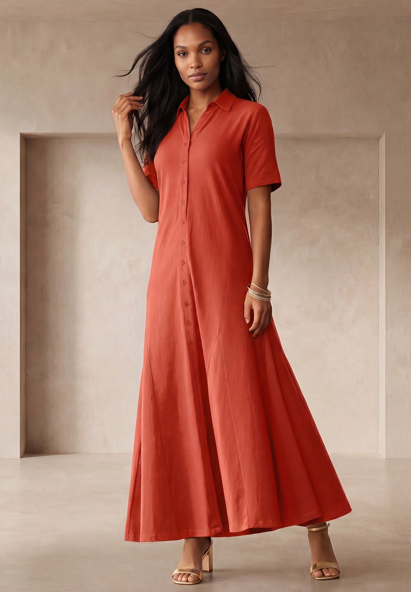 Stretch Cotton Button Front Maxi Dress, BURNT RED, hi-res image number 0
