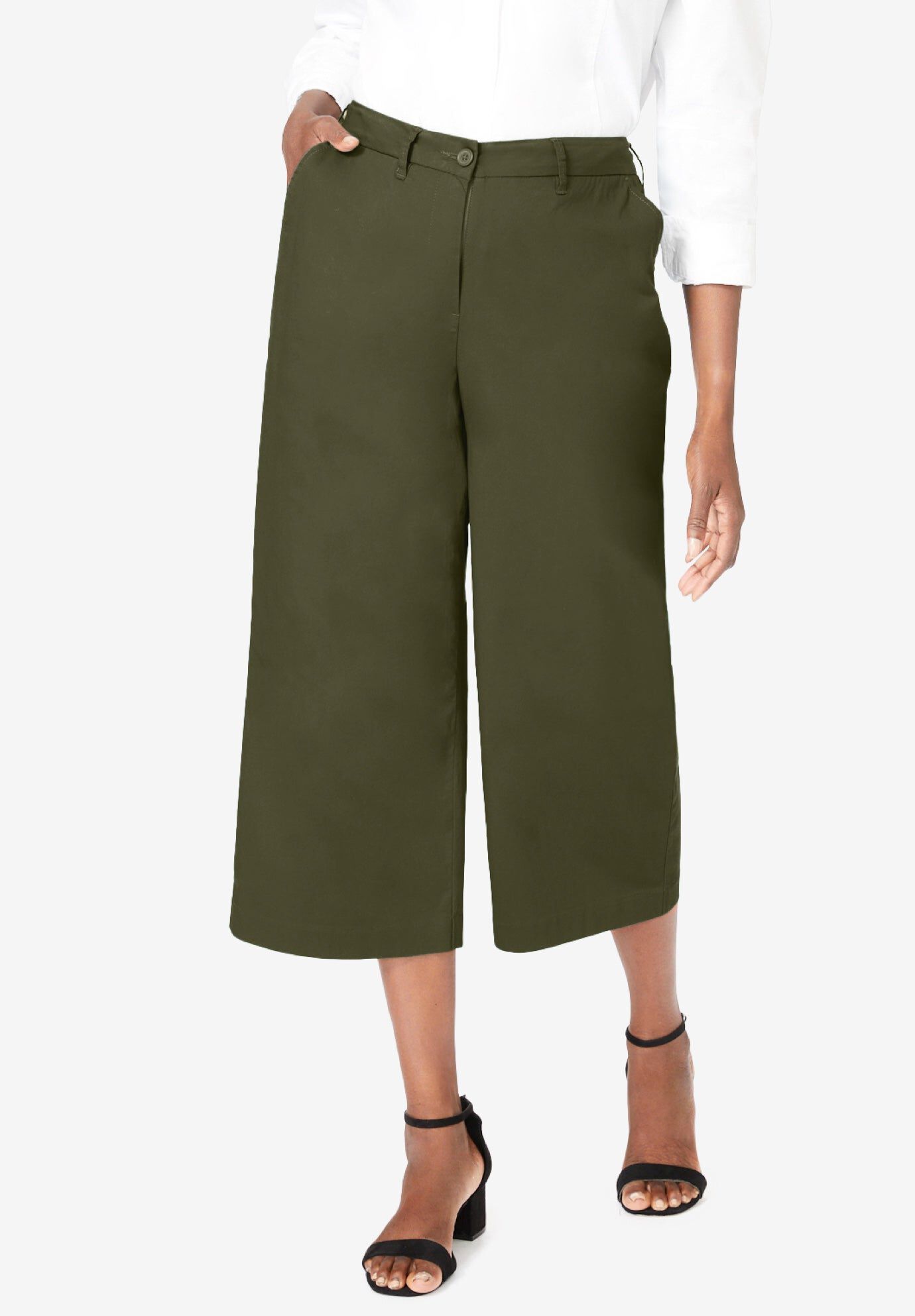 Stretch Cotton Chino Wide-Leg Crop, DARK OLIVE GREEN, hi-res image number 0