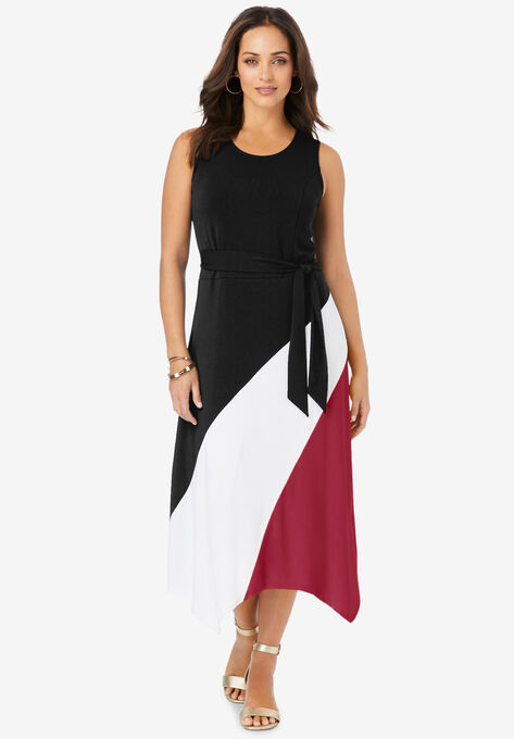Asymmetric Side-Tie Midi Dress, BLACK RED COLORBLOCK, hi-res image number null