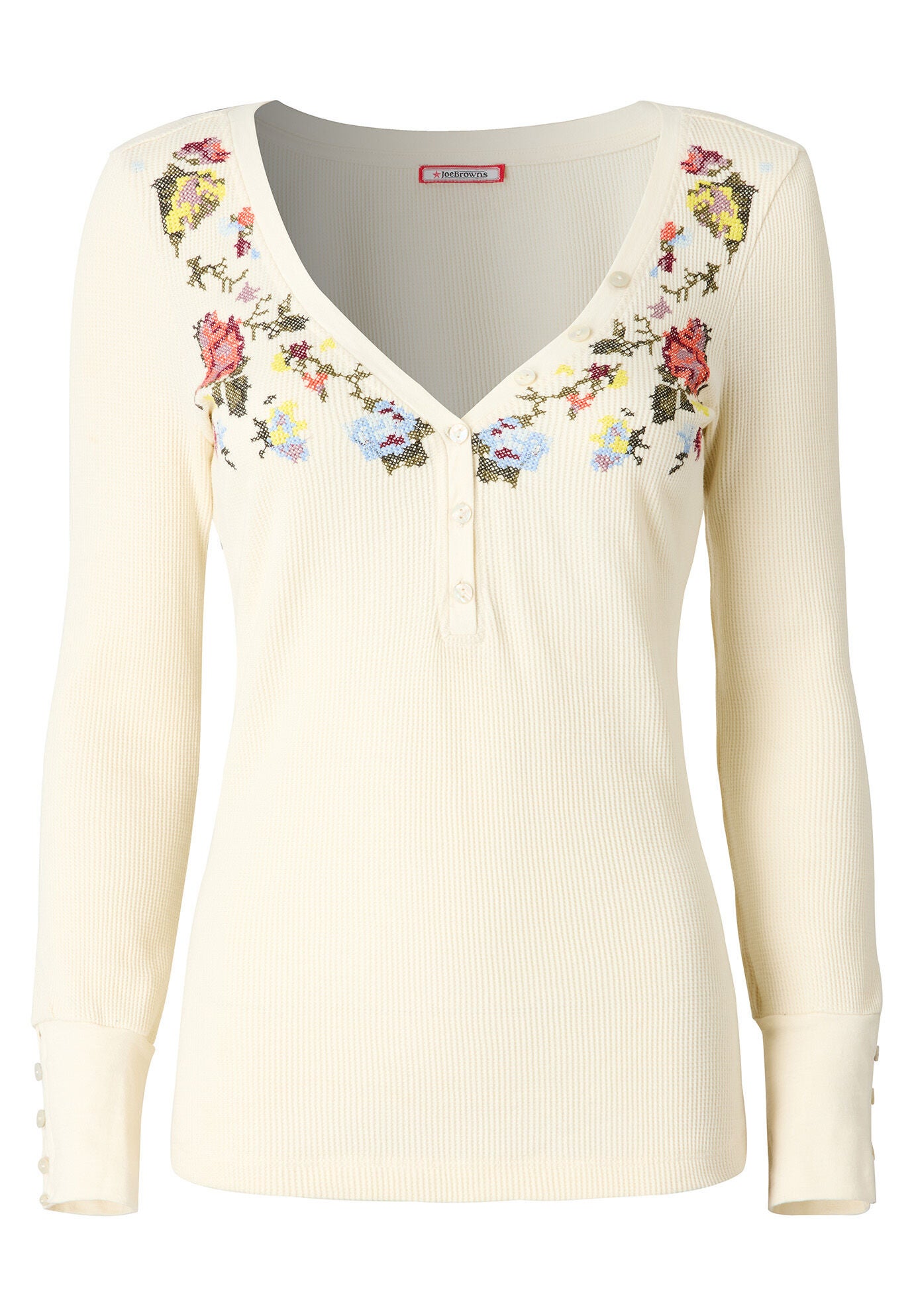 Stretch Cotton Henley Tee, CREAM FLORAL EMBROIDERY, alternate image number 3