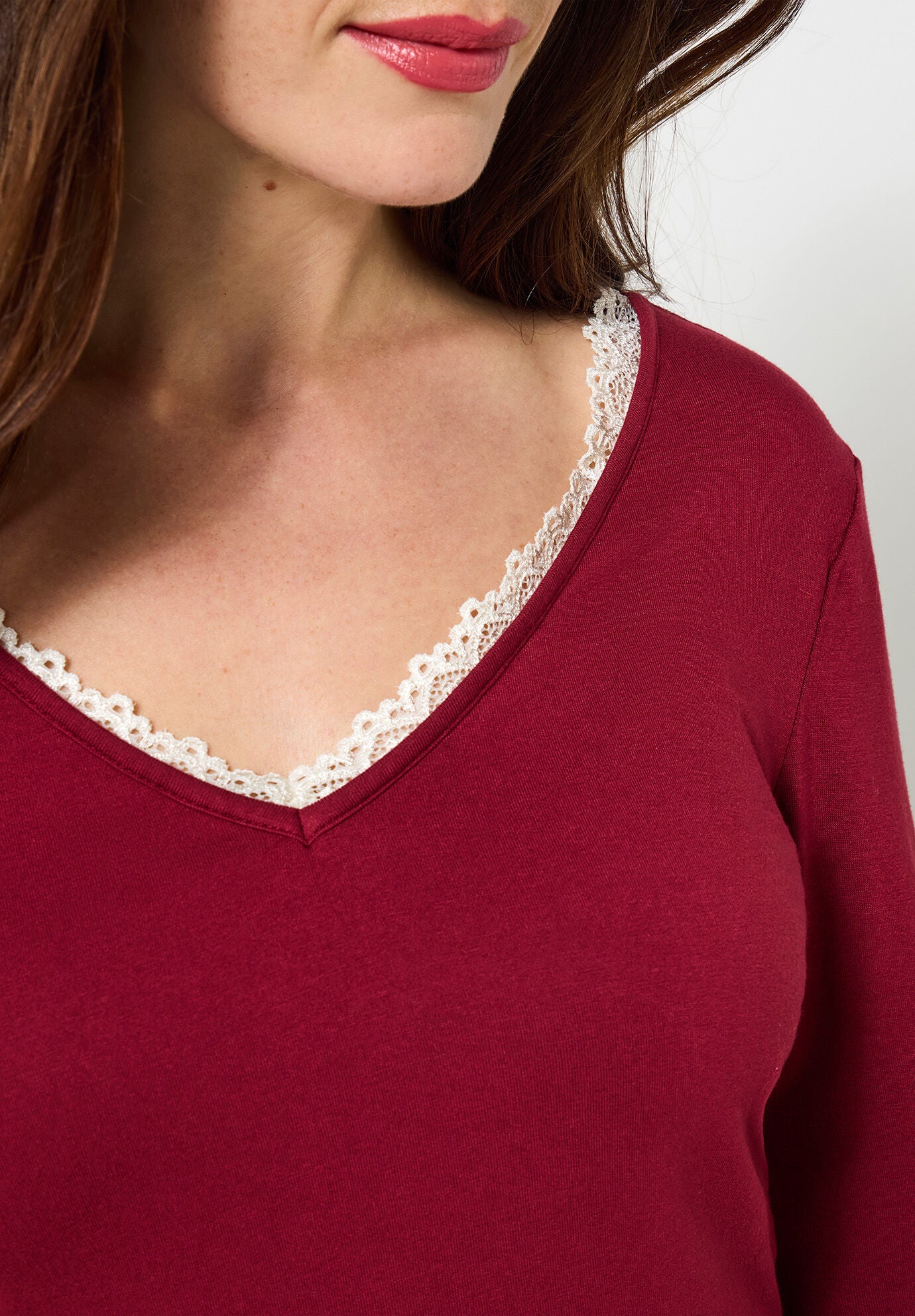 Stretch Knit V-Neck Tee, OXBLOOD, alternate image number 2