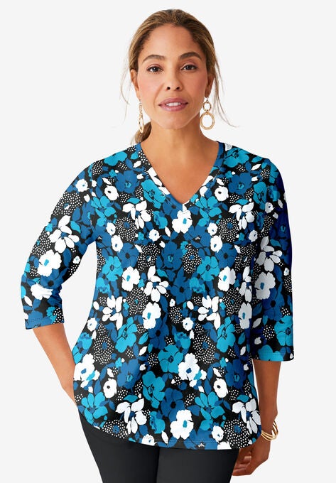 V-Neck Tee, TEAL LAYERED FLOWERS, hi-res image number null
