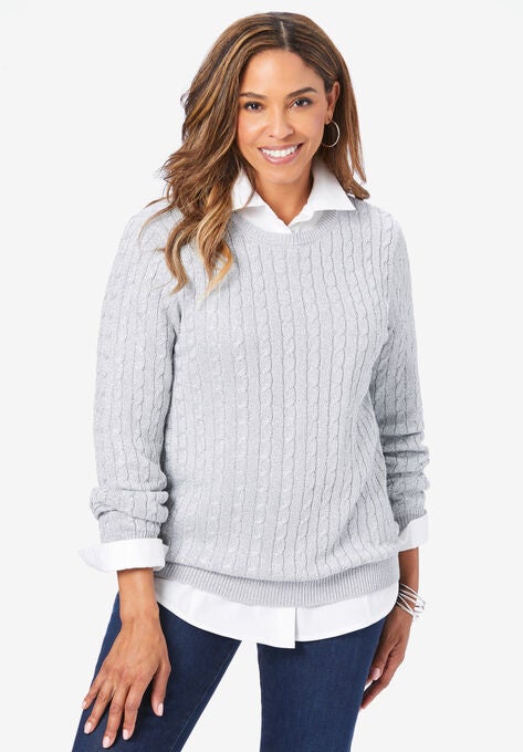 Cable Crewneck Sweater, SILVER SHIMMER, hi-res image number null