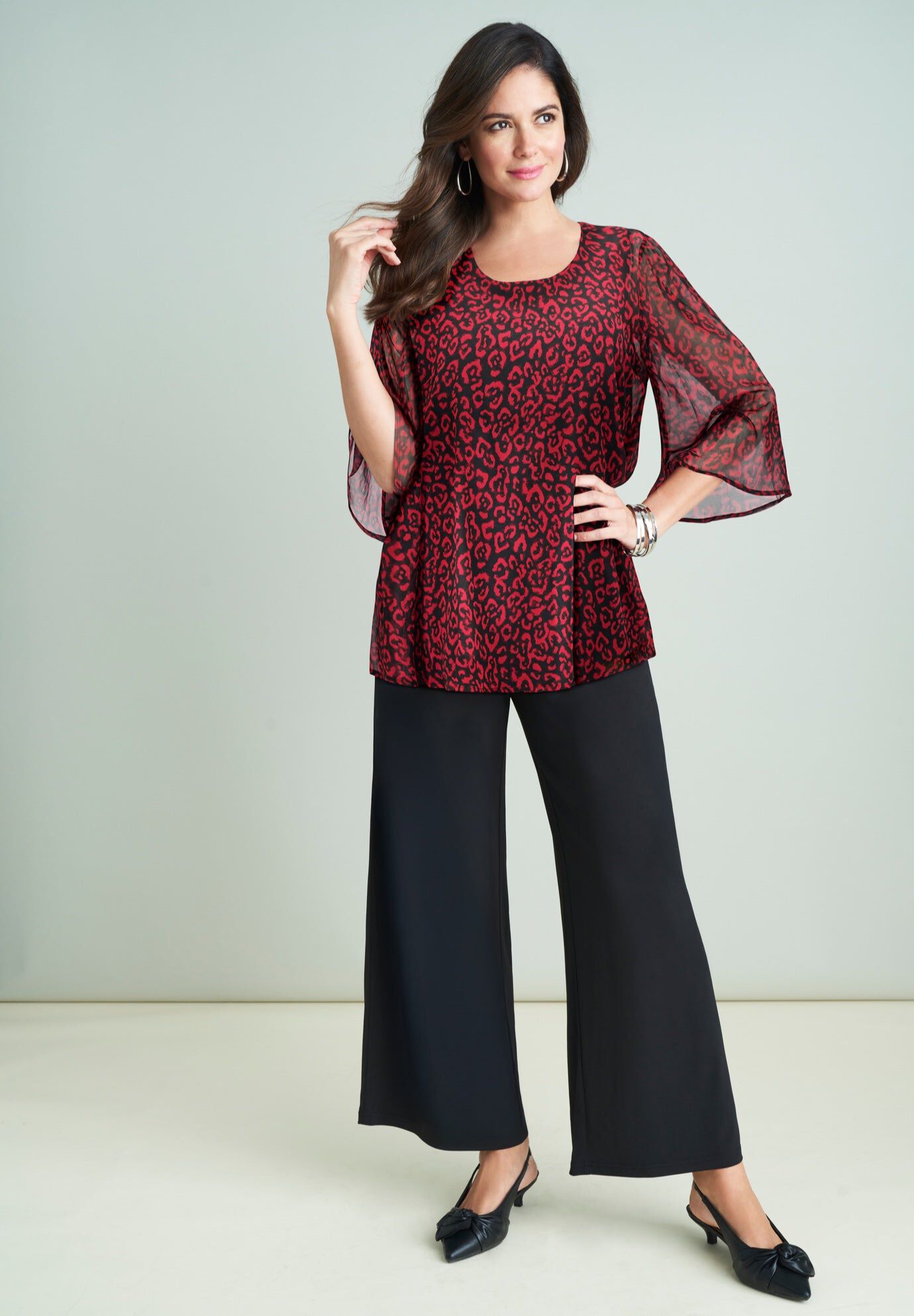 Georgette Flutter Top, RED ABSTRACT CHEETAH, hi-res image number 0