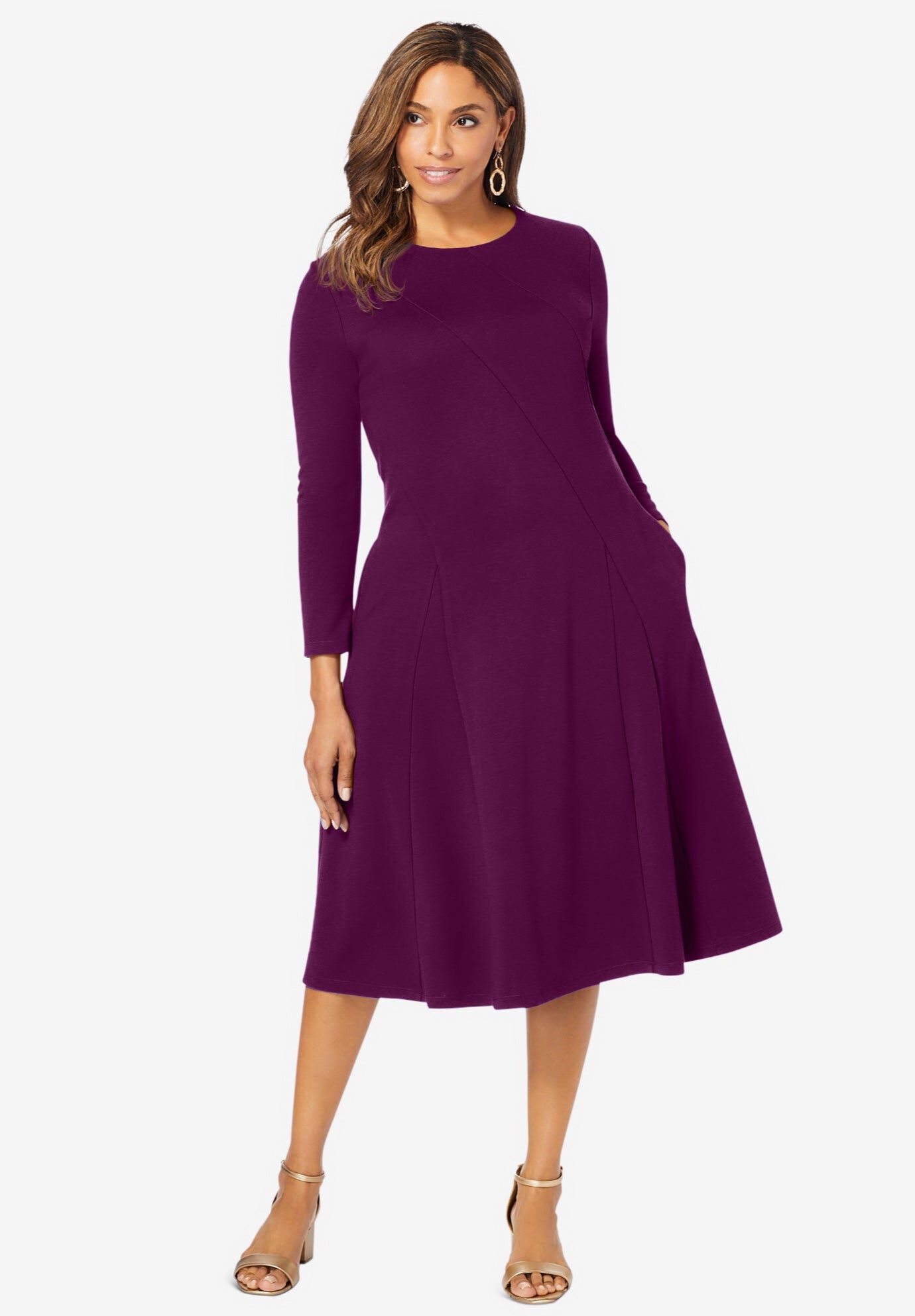 Long Sleeve Stretch Ponte Dress, DARK BERRY, hi-res image number 0