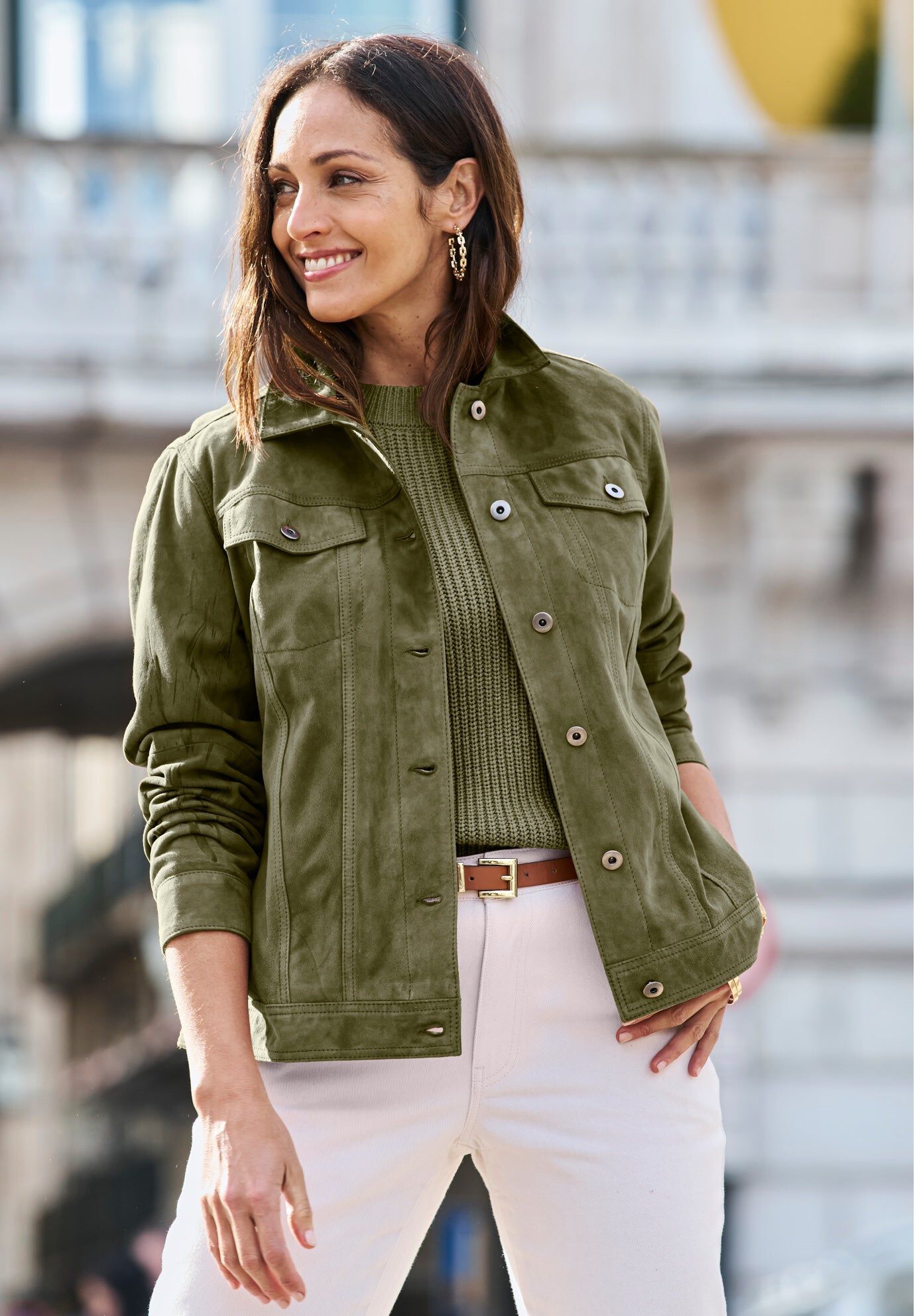 Suede Jean Jacket, DARK OLIVE GREEN, hi-res image number 0