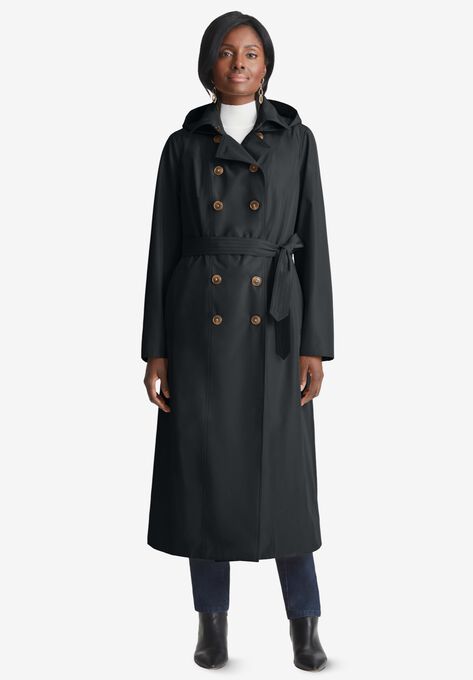 Double Breasted Long Trench Coat, BLACK, hi-res image number null