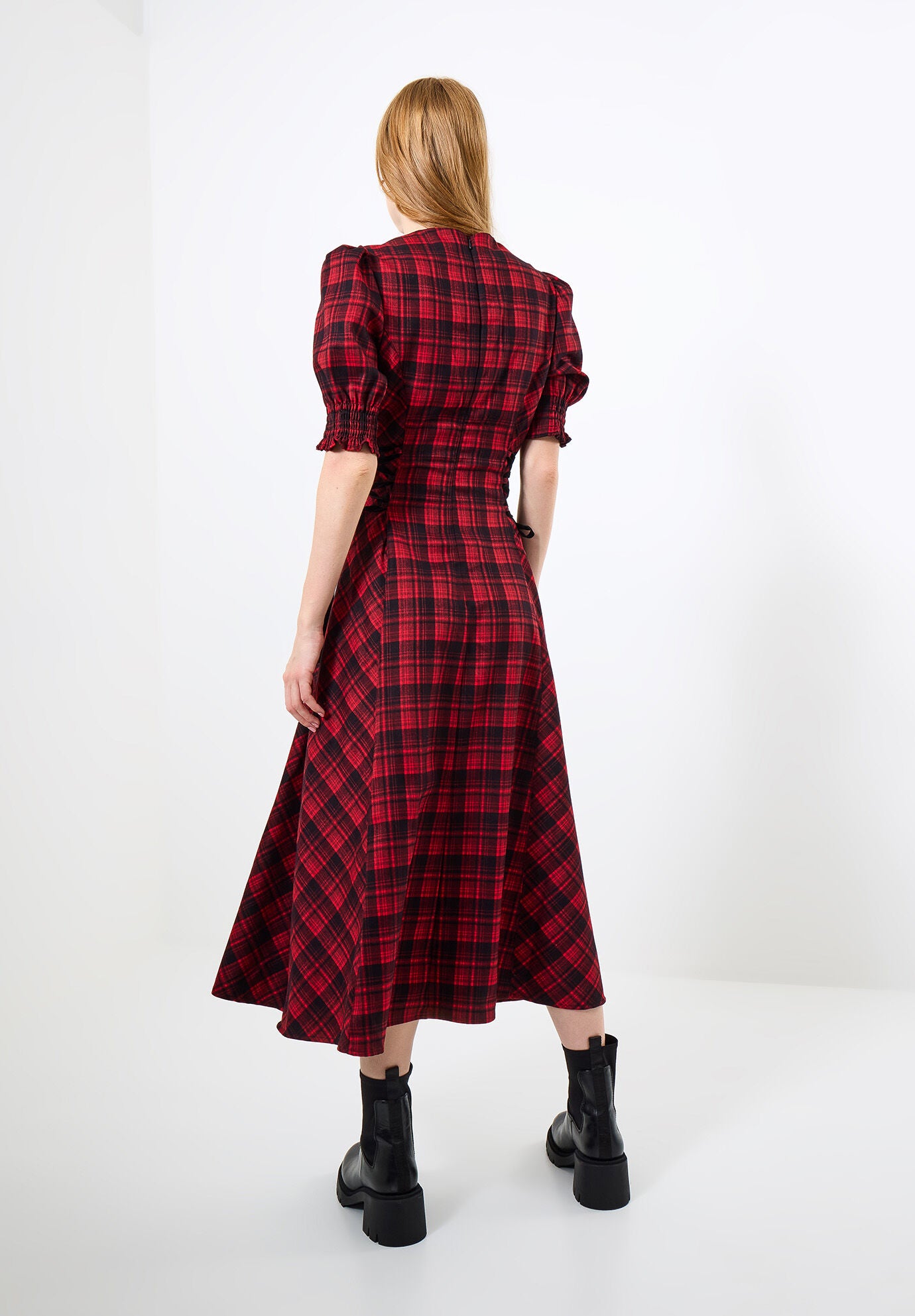 Tartan Plaid Lace-Up Midi Dress, RED TARTAN, alternate image number 3